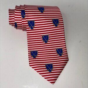 Brooks Brothers Silk Tie Red and White Stripe with Blue Shield Golf Club Logo